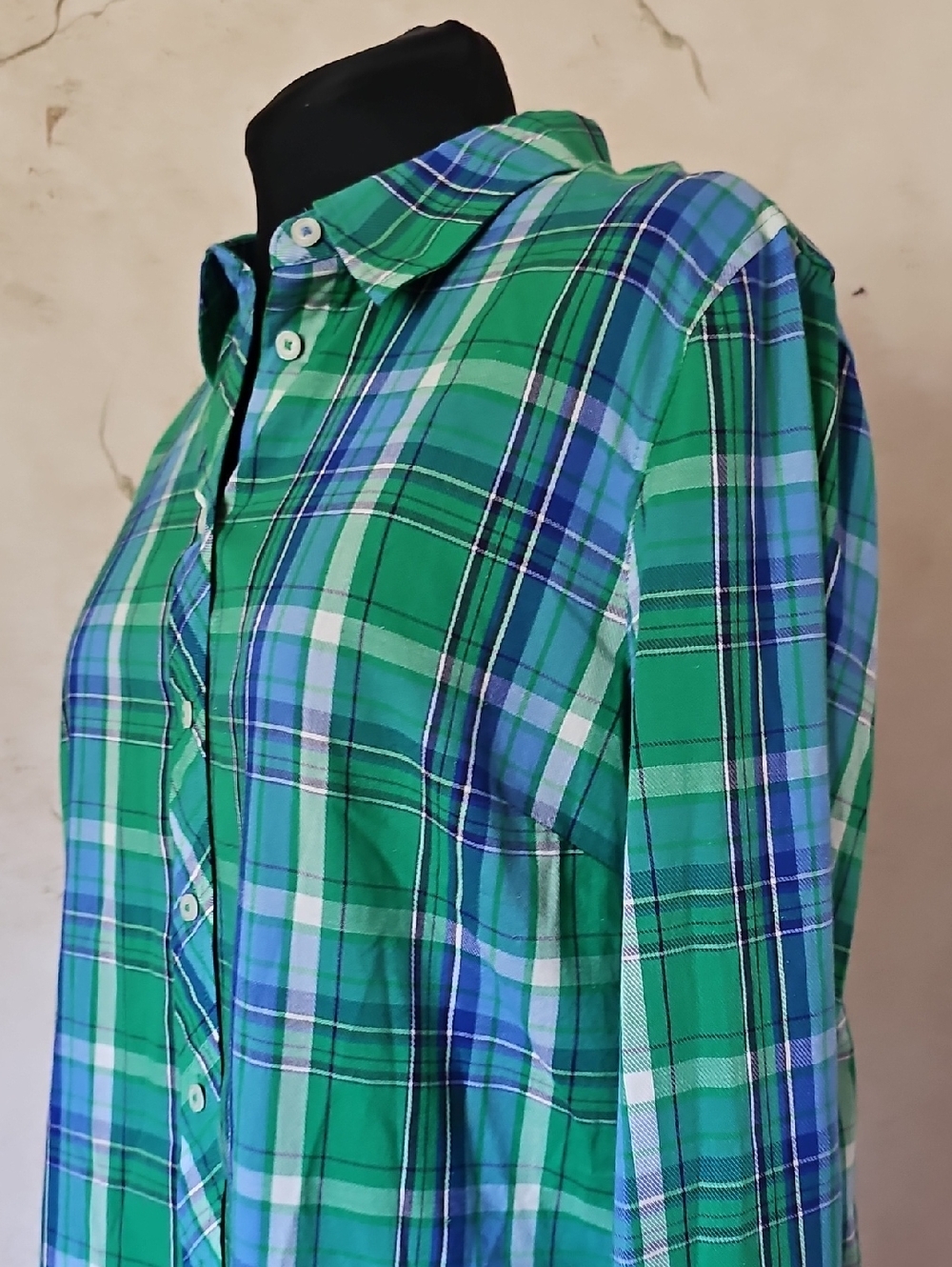 Talbot's Green Blue Plaid Long Sleeve Button Front Blouse Women's Size Medium - Picture 2 of 11